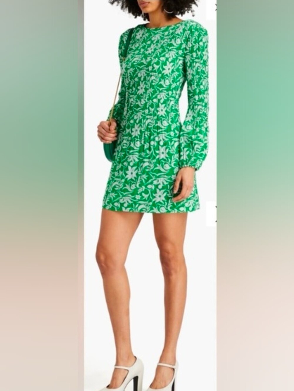 Maje Green and White Floral Long-Sleeve Mini Dress